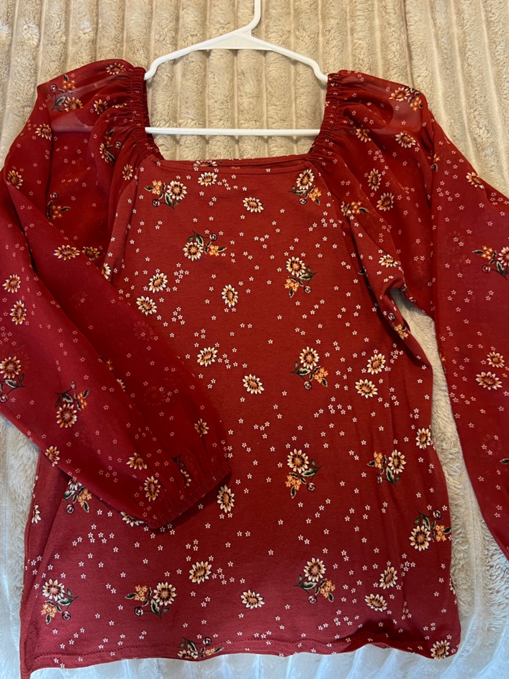 LOFT Red Floral Peasant Top with Puff Sleeves